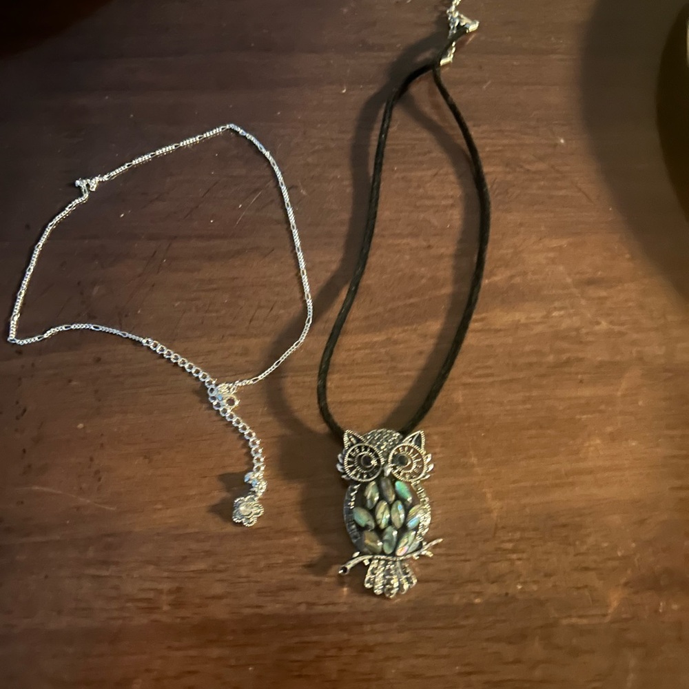 Flower charm necklace and owl necklace.